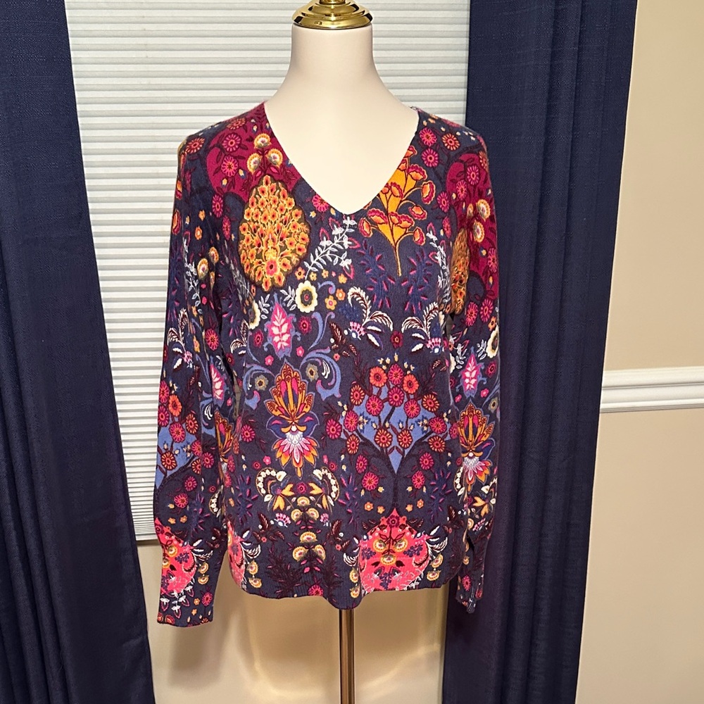 NWT - Talbots Pure Cashmere V-Neck Sweater - Navy  & Multicolor Floral Print